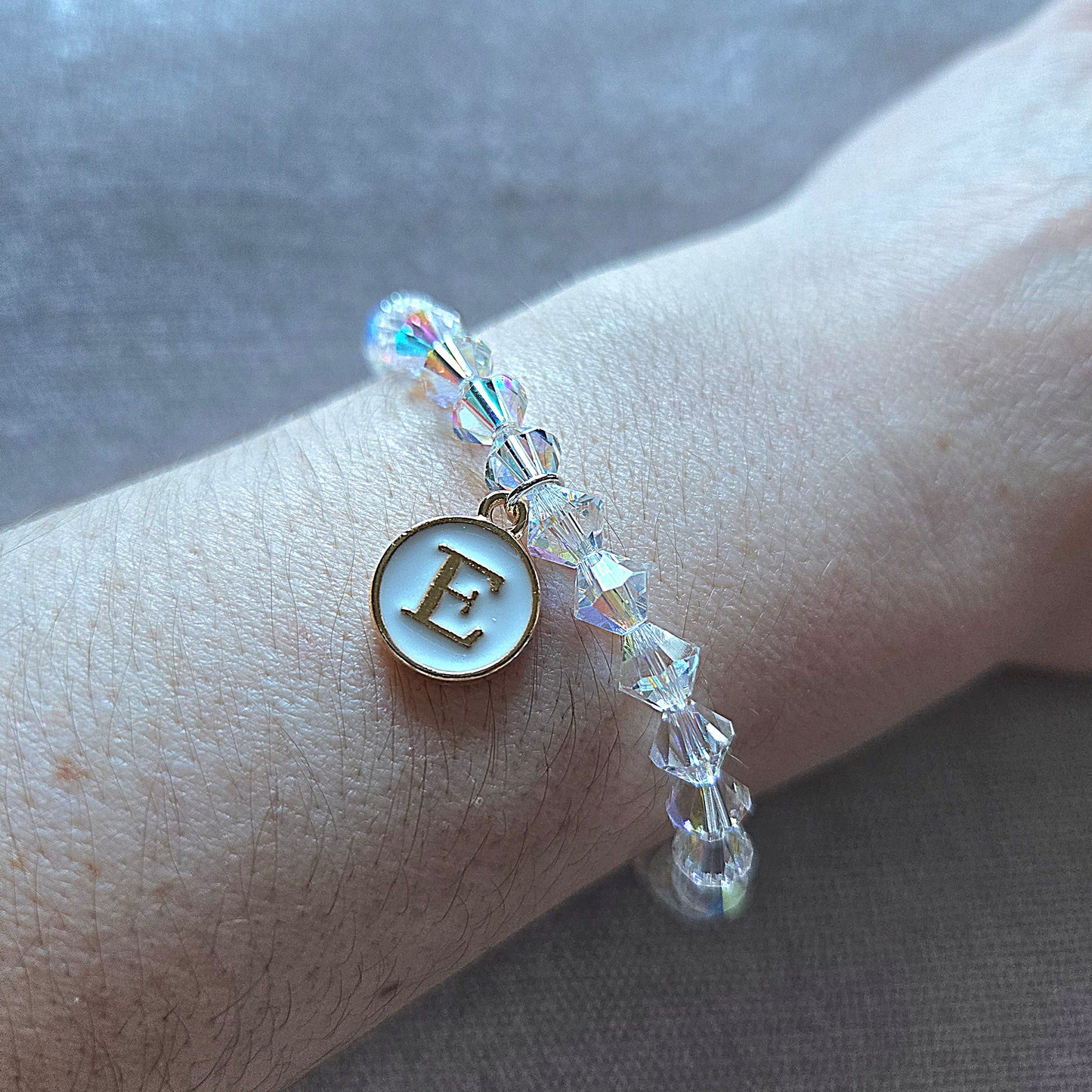 Personalised Initial Charm Bicone Preciosa Crystal Stretch Beaded Bracelet