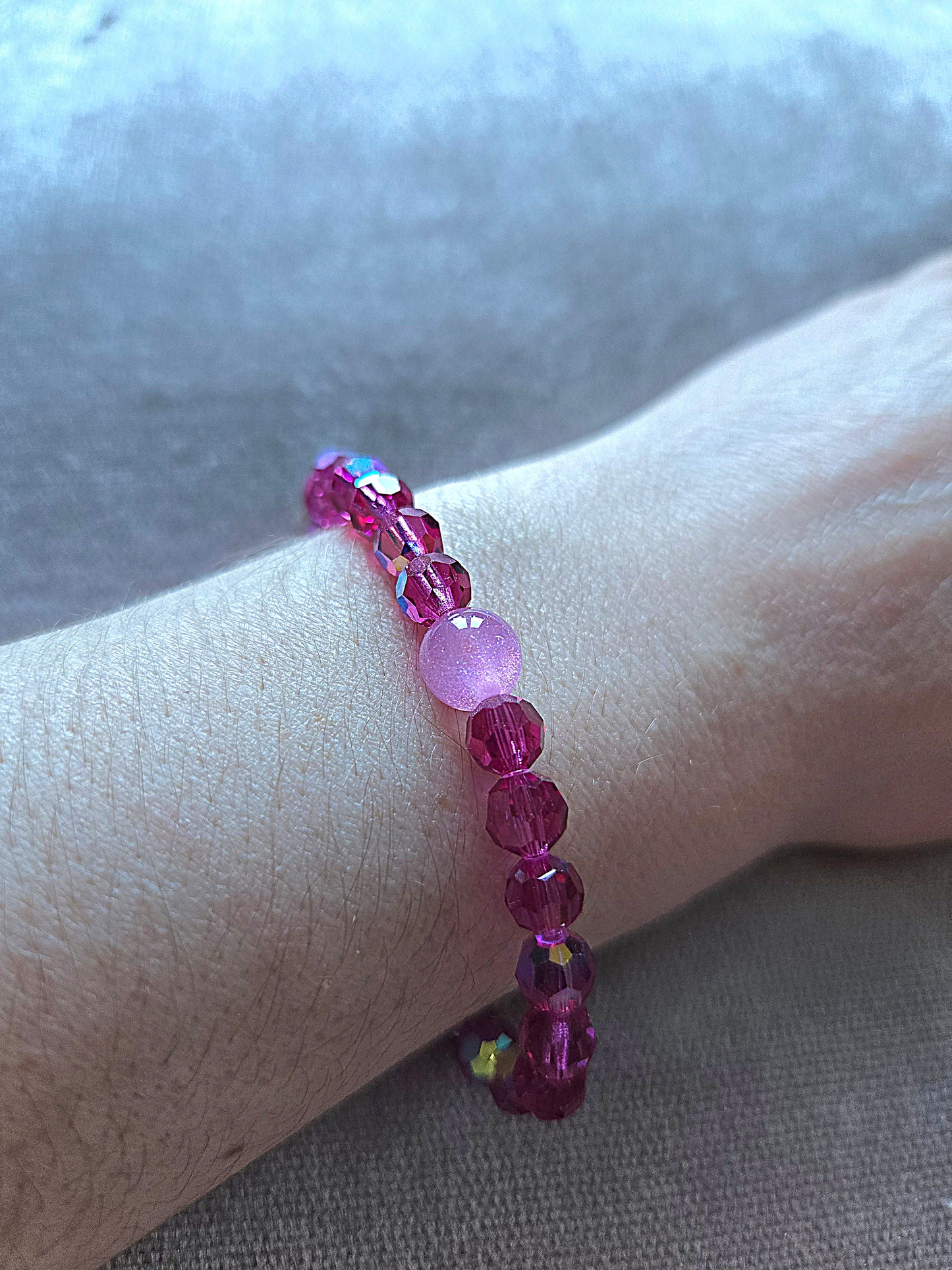 Pink Fuchsia Glitter Round Preciosa Crystals Stretch Bead Bracelet