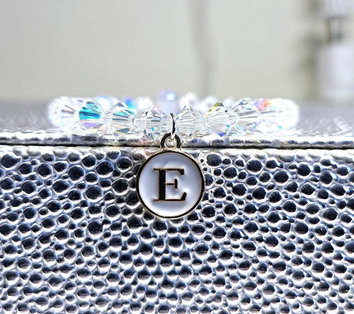 Personalised Initial Charm Bicone Preciosa Crystal Stretch Beaded Bracelet