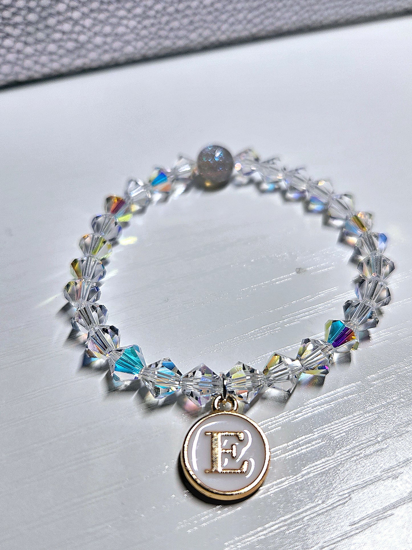 Personalised Initial Charm Bicone Preciosa Crystal Stretch Beaded Bracelet