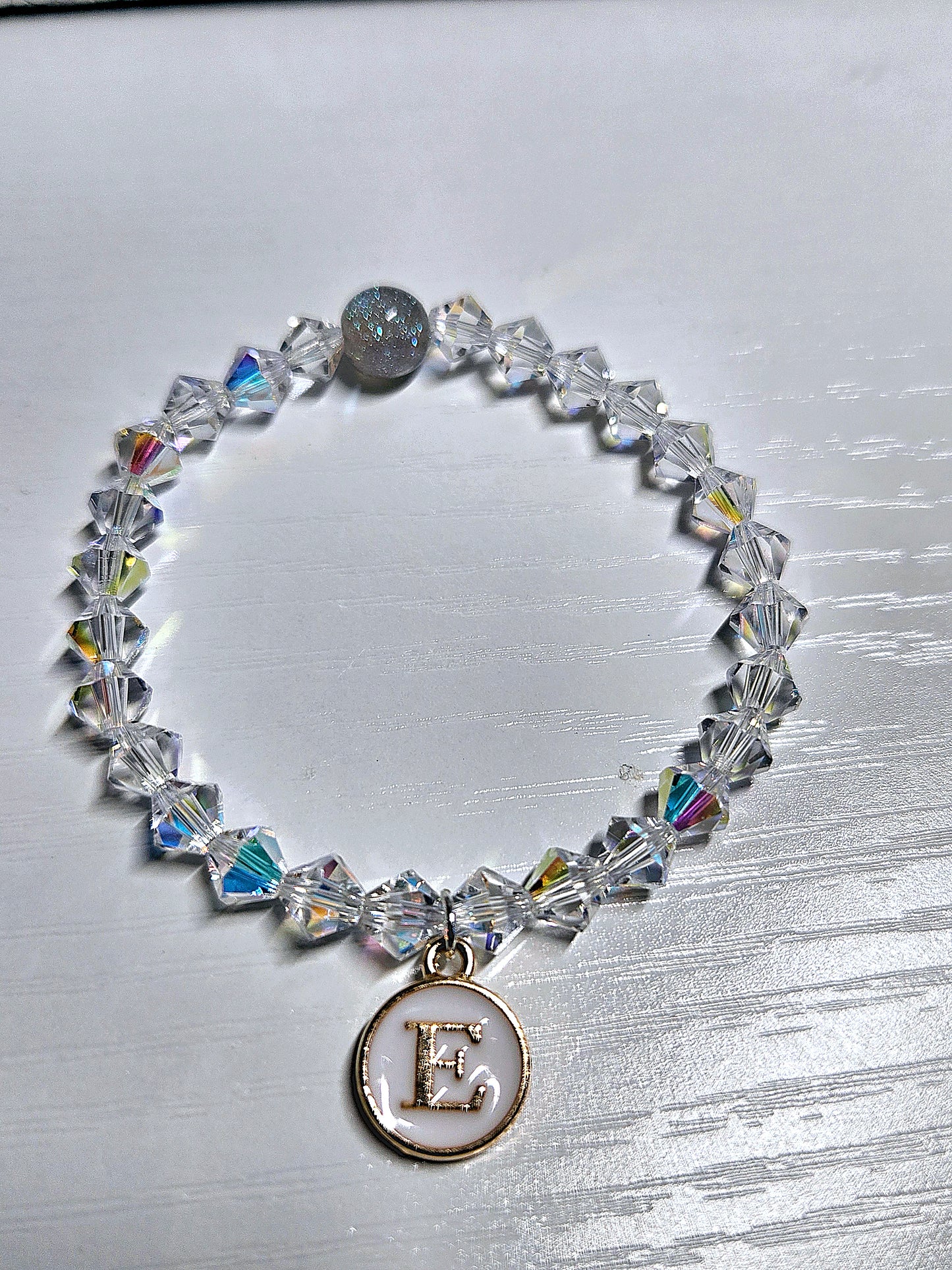 Personalised Initial Charm Bicone Preciosa Crystal Stretch Beaded Bracelet