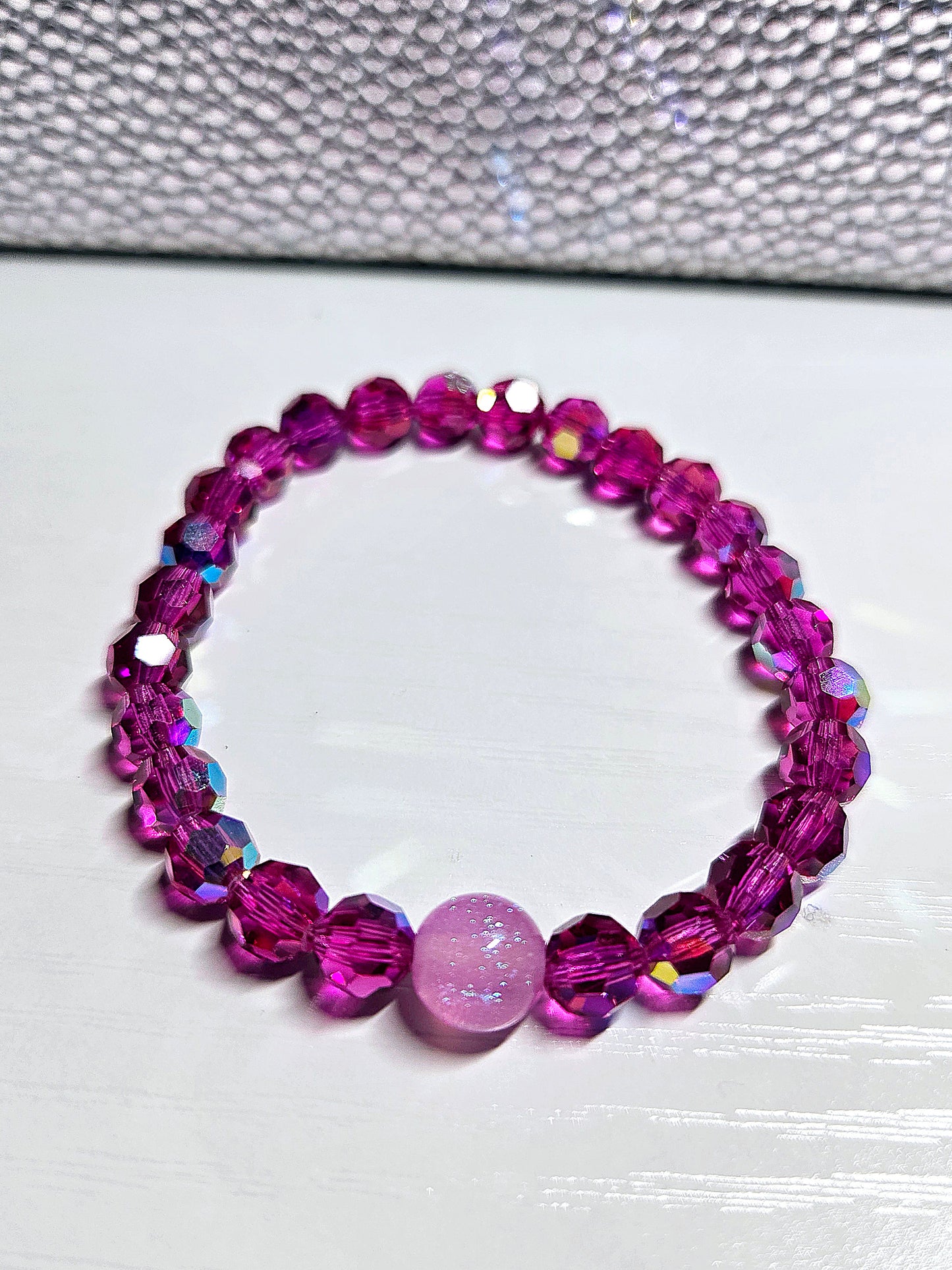 Pink Fuchsia Glitter Round Preciosa Crystals Stretch Bead Bracelet