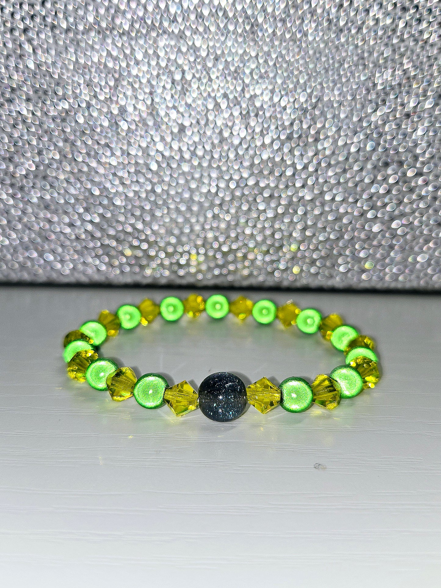 Green & Yellow Miracle Bead & Preciosa Crystal Stretch Bracelet