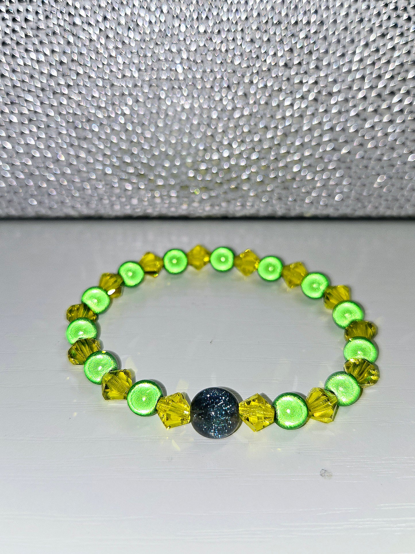 Green & Yellow Miracle Bead & Preciosa Crystal Stretch Bracelet
