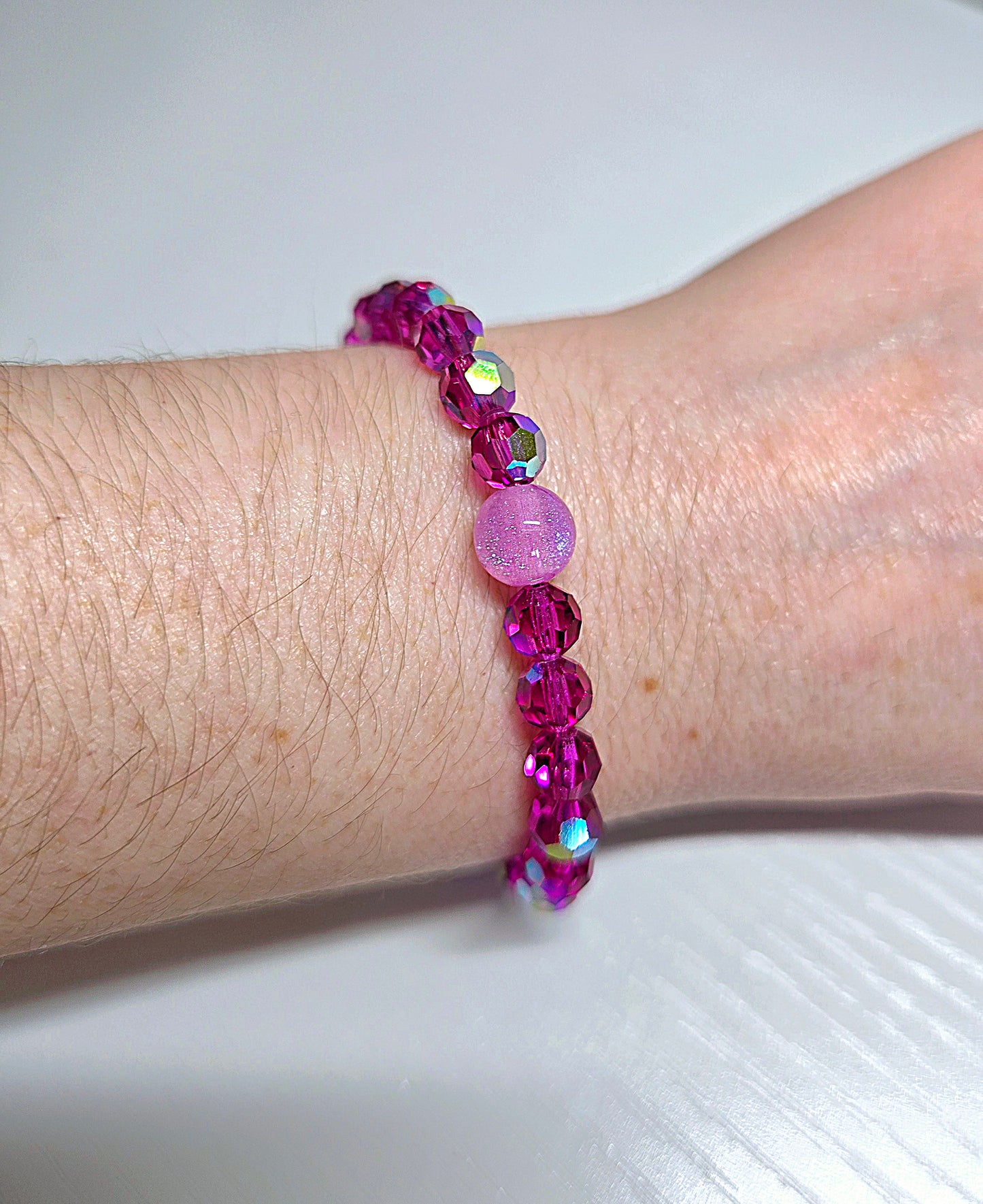 Pink Fuchsia Glitter Round Preciosa Crystals Stretch Bead Bracelet