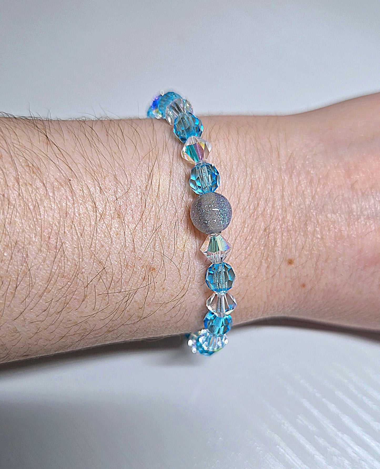 Blue & AB Preciosa Crystals Stretch Bead Bracelet
