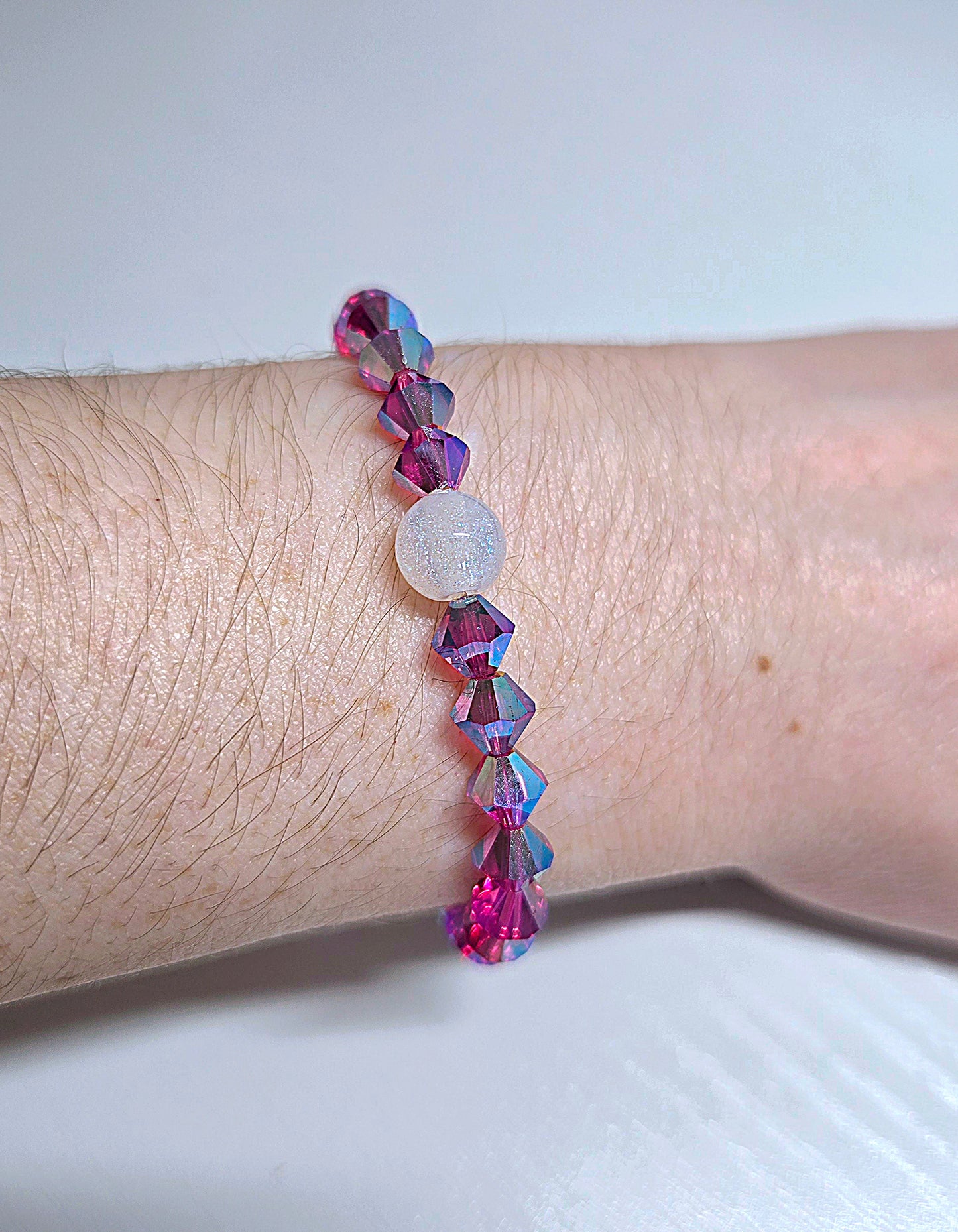 Pink Fuchsia AB Bicone Preciosa Crystals Stretch Bead Bracelet