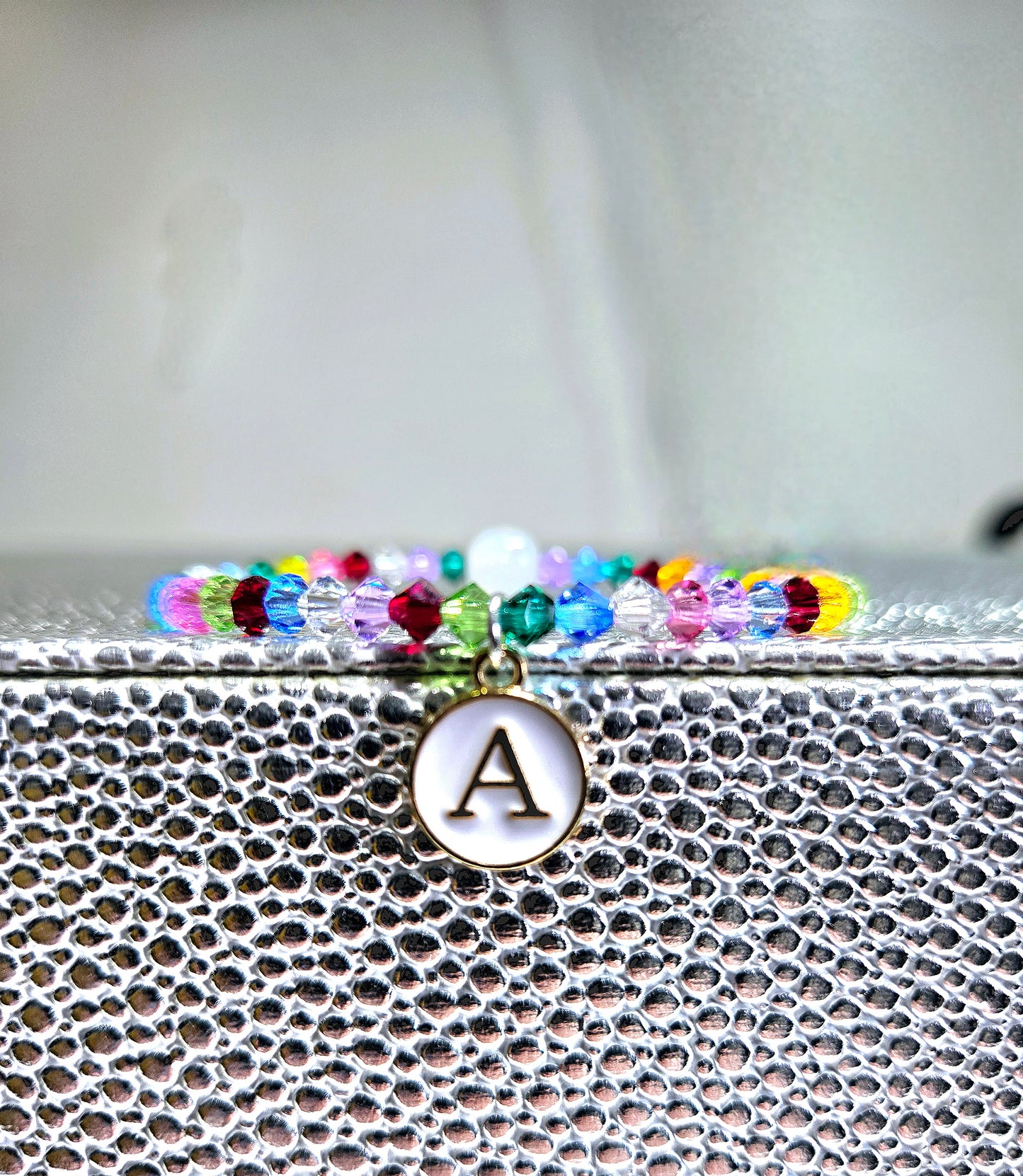 Personalised Initial Charm Rainbow Bicone Preciosa Crystals Stretch Bead Bracelet