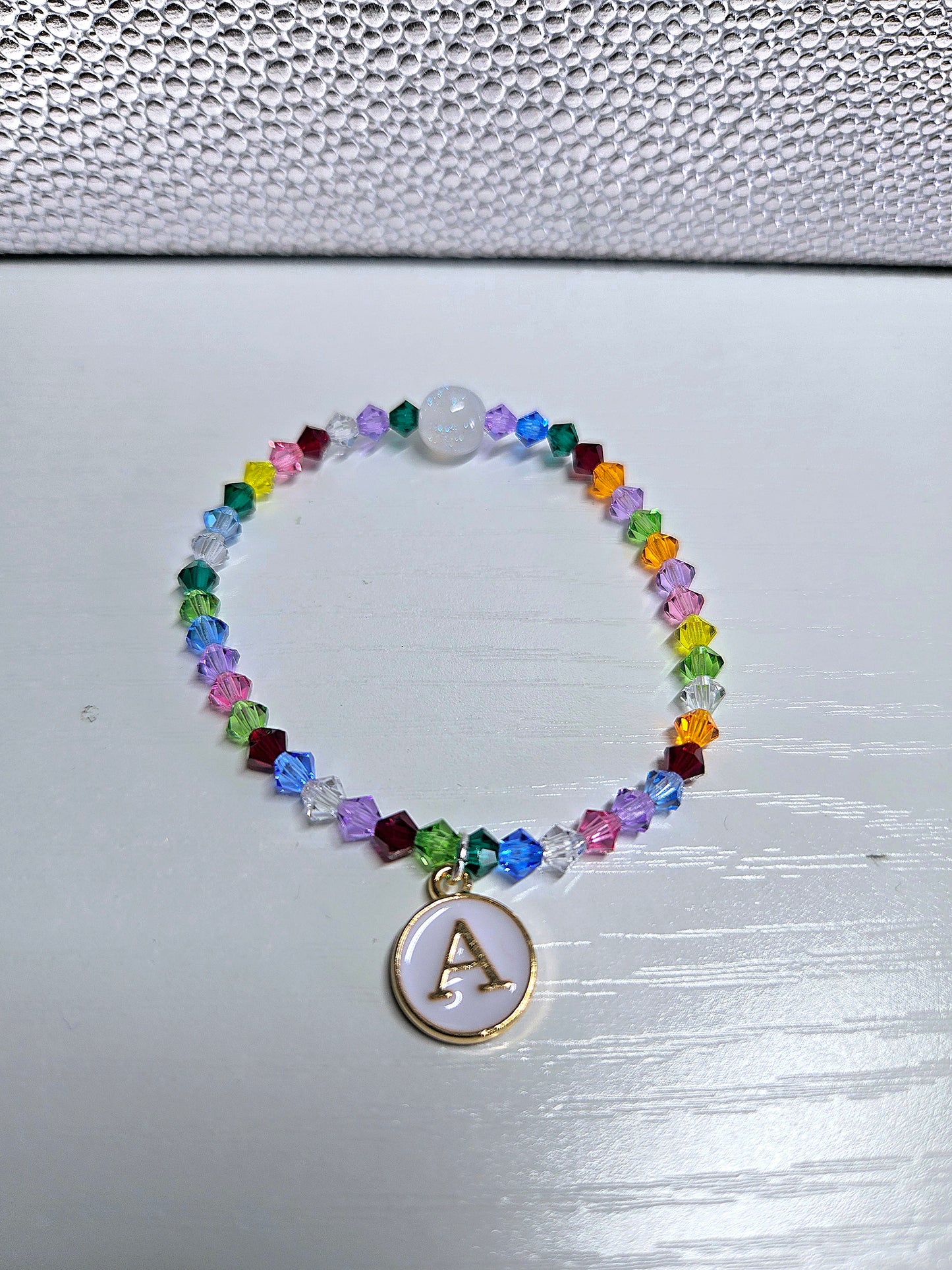 Personalised Initial Charm Rainbow Bicone Preciosa Crystals Stretch Bead Bracelet