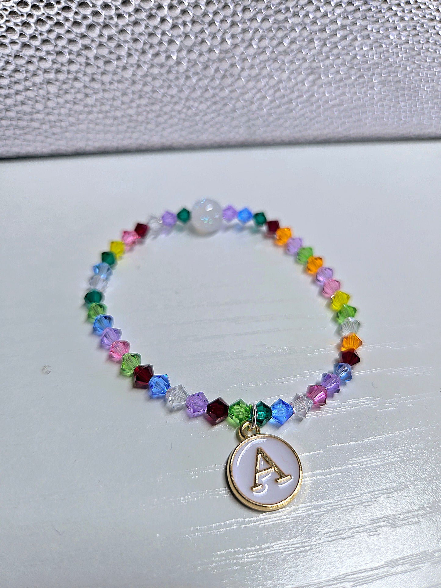 Personalised Initial Charm Rainbow Bicone Preciosa Crystals Stretch Bead Bracelet