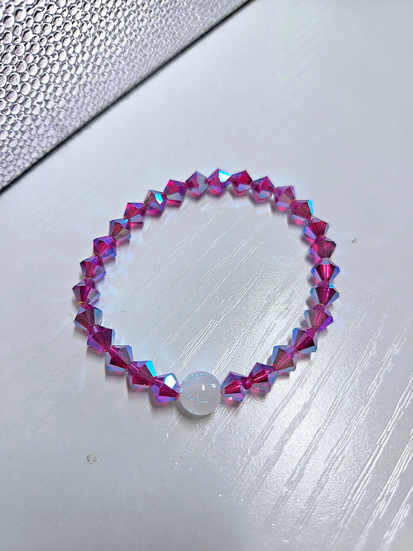 Pink Fuchsia AB Bicone Preciosa Crystals Stretch Bead Bracelet
