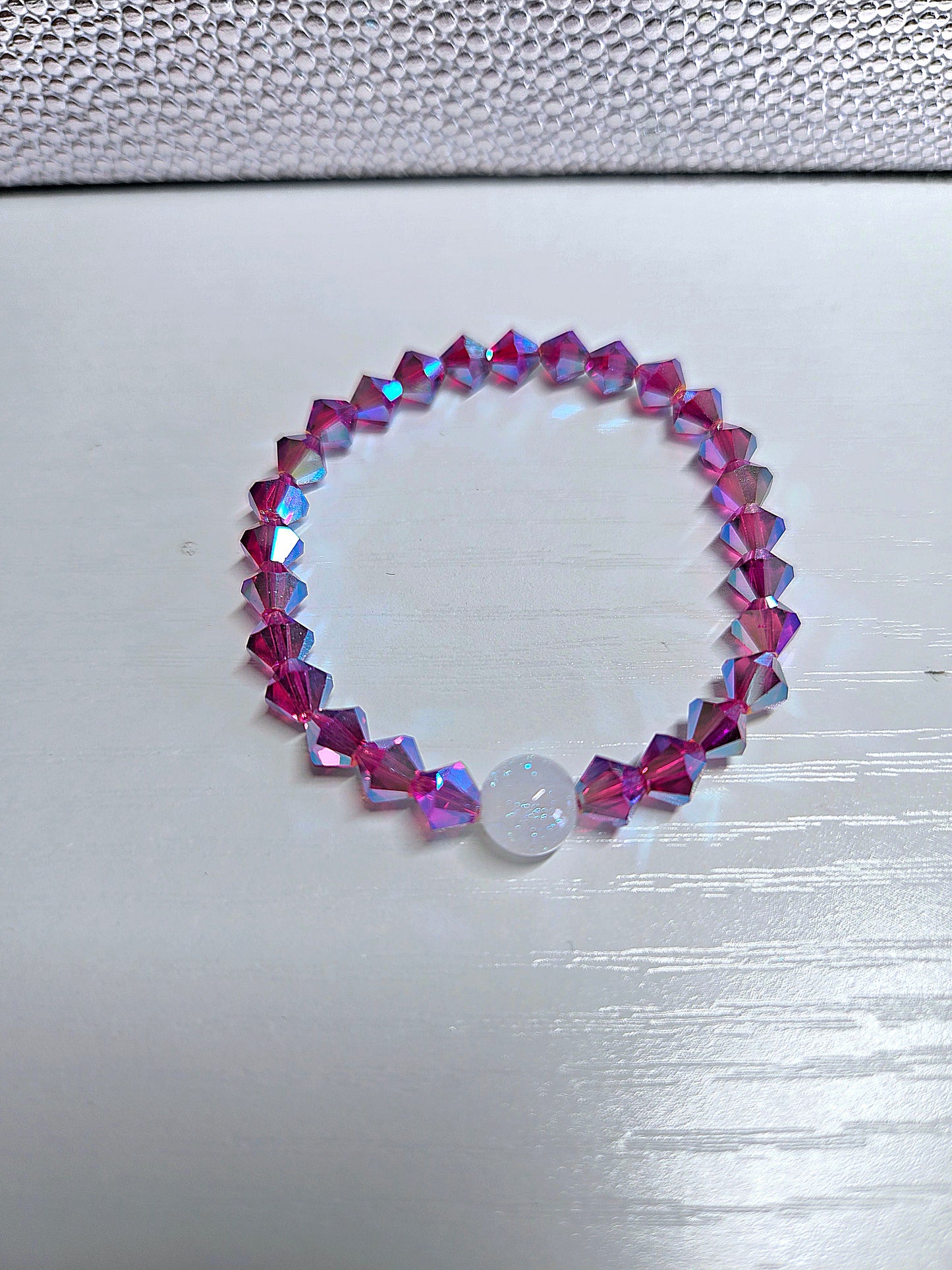 Pink Fuchsia AB Bicone Preciosa Crystals Stretch Bead Bracelet