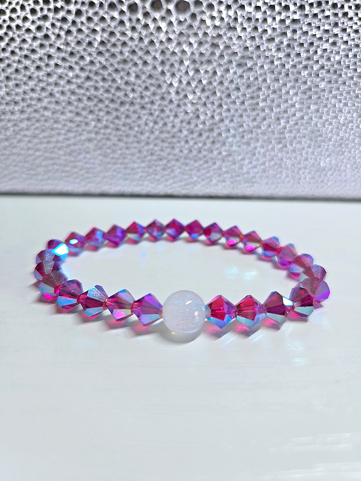 Pink Fuchsia AB Bicone Preciosa Crystals Stretch Bead Bracelet