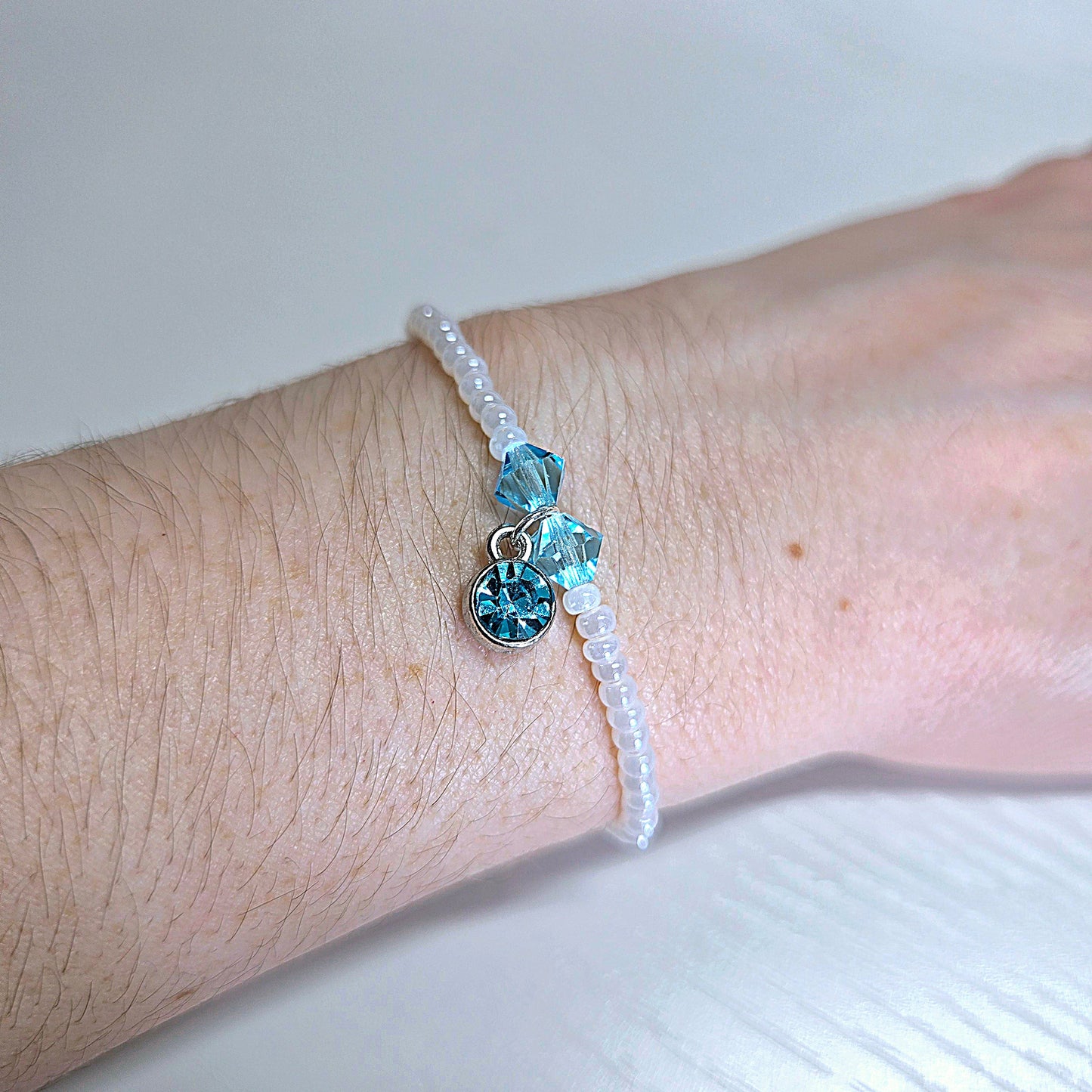 Blue Crystal Charm White Beaded Stretch Bracelet
