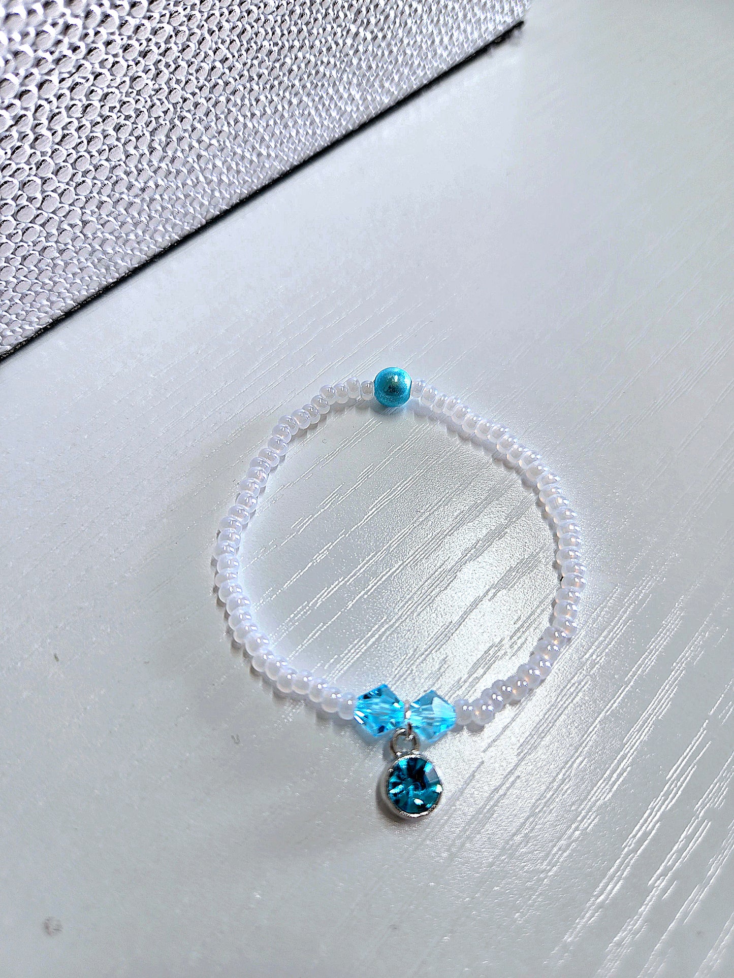 Blue Crystal Charm White Beaded Stretch Bracelet