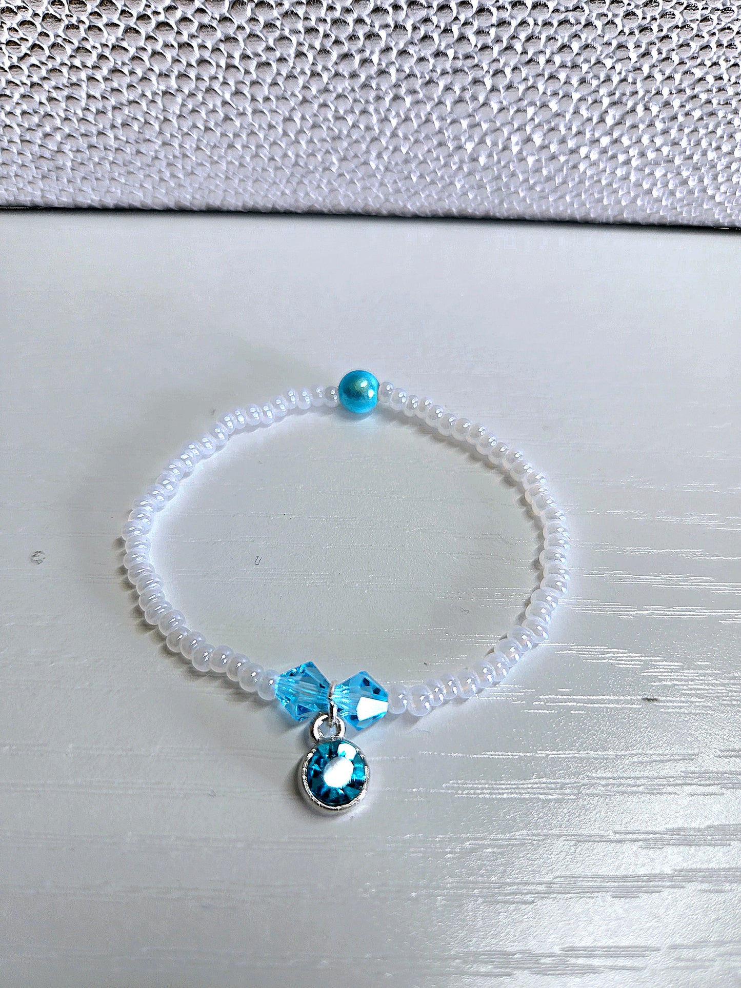 Blue Crystal Charm White Beaded Stretch Bracelet
