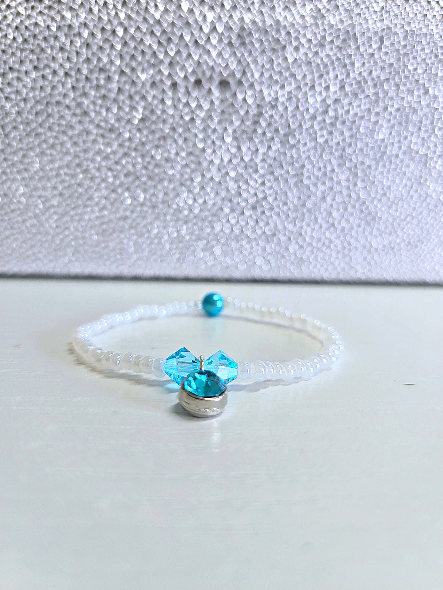 Blue Crystal Charm White Beaded Stretch Bracelet