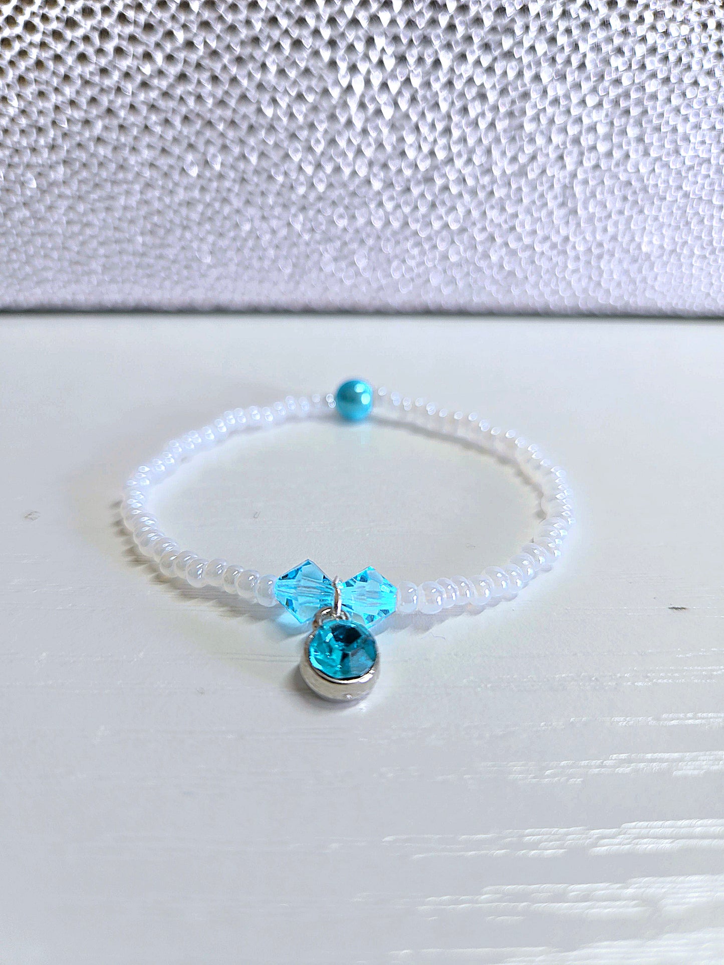 Blue Crystal Charm White Beaded Stretch Bracelet