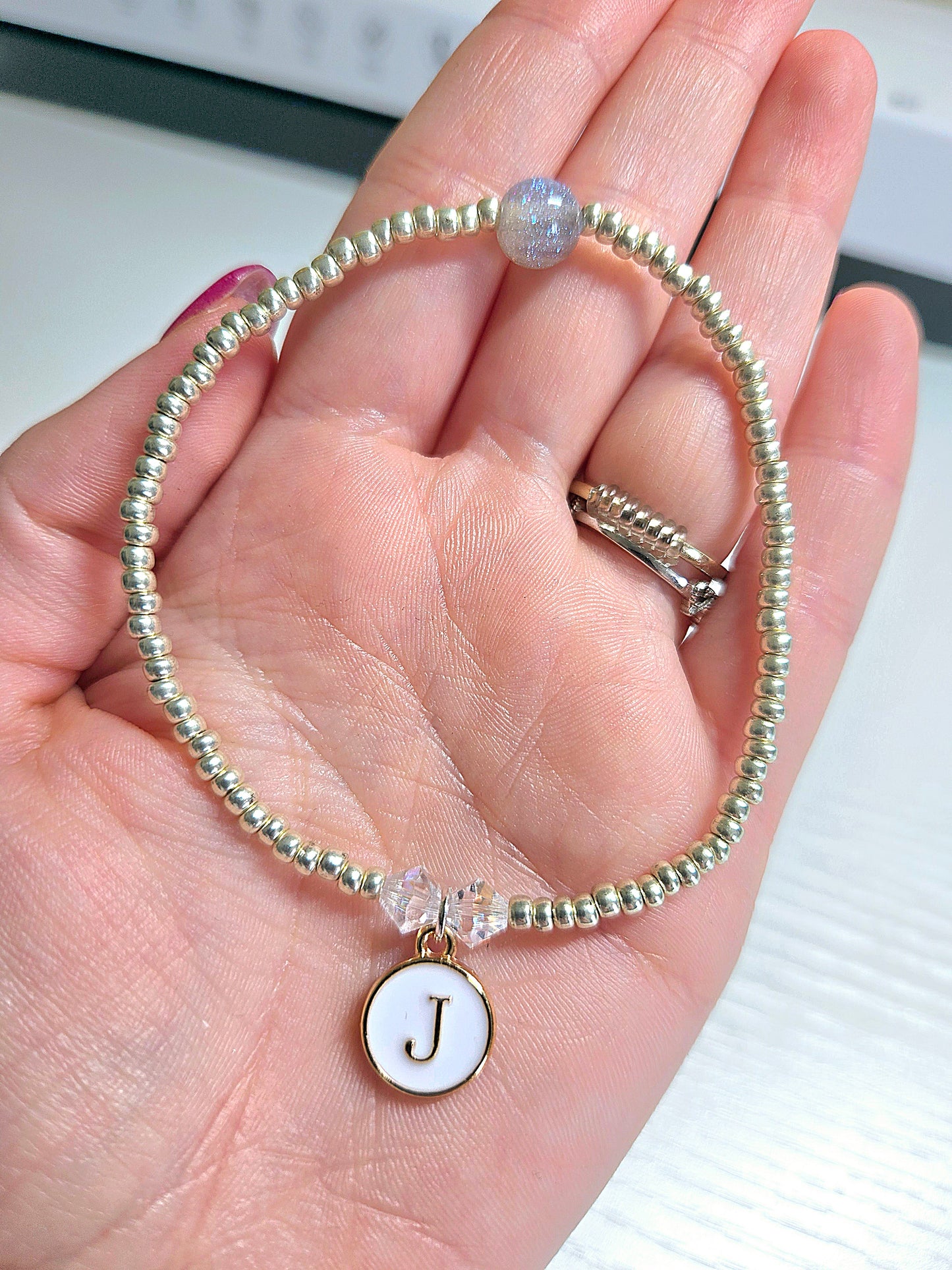 Personalised Initial Charm Beaded Stretch Bracelet