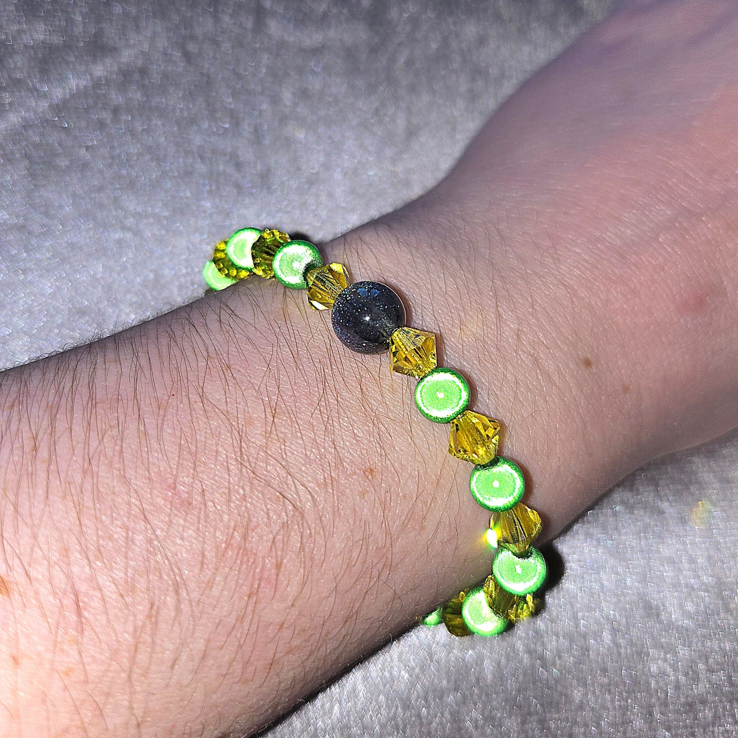 Green & Yellow Miracle Bead & Preciosa Crystal Stretch Bracelet
