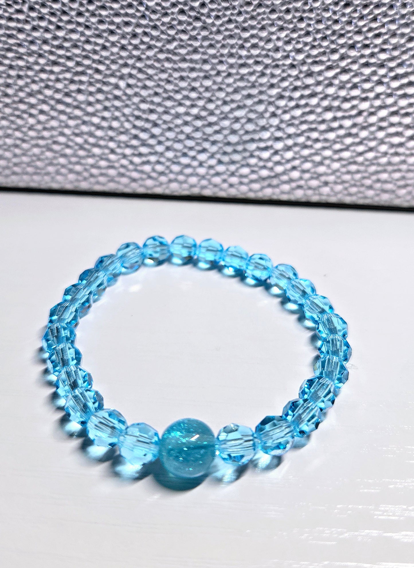 Blue Aqua Round Preciosa Crystals Stretch Bead Bracelet