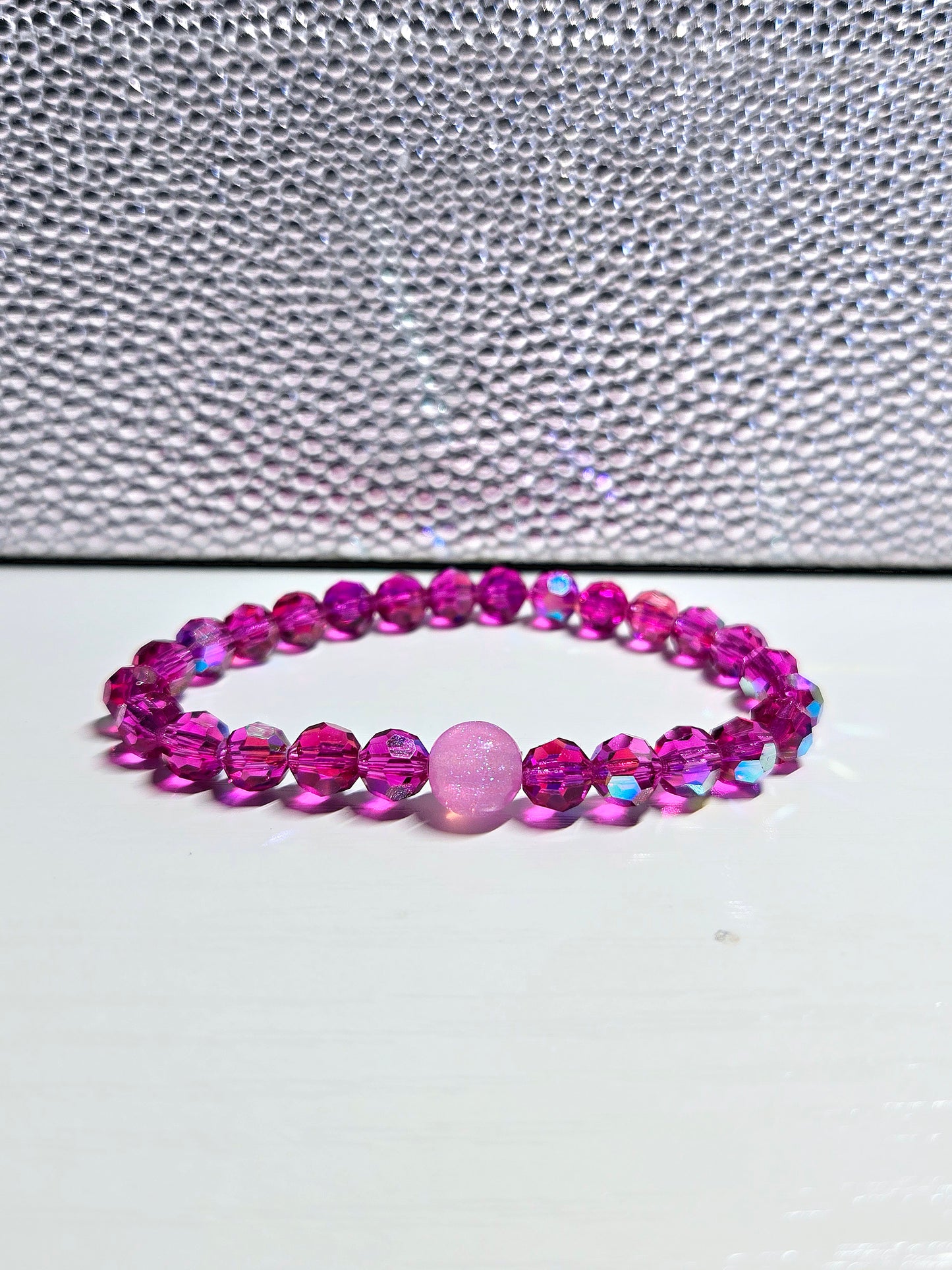 Pink Fuchsia Glitter Round Preciosa Crystals Stretch Bead Bracelet
