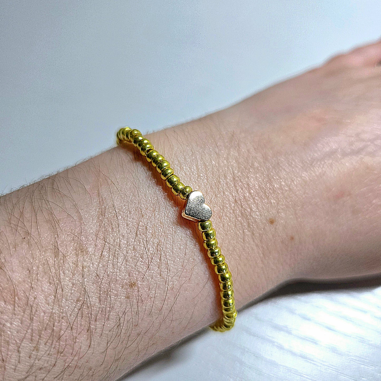 Metal Heart Charm Beaded Stretch Bracelet