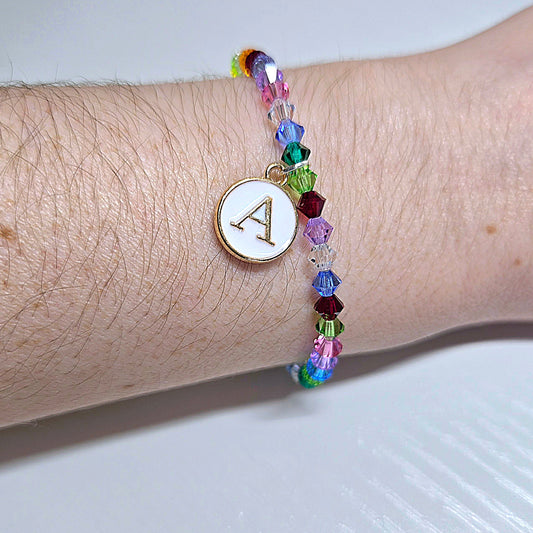 Personalised Initial Charm Rainbow Bicone Preciosa Crystals Stretch Bead Bracelet