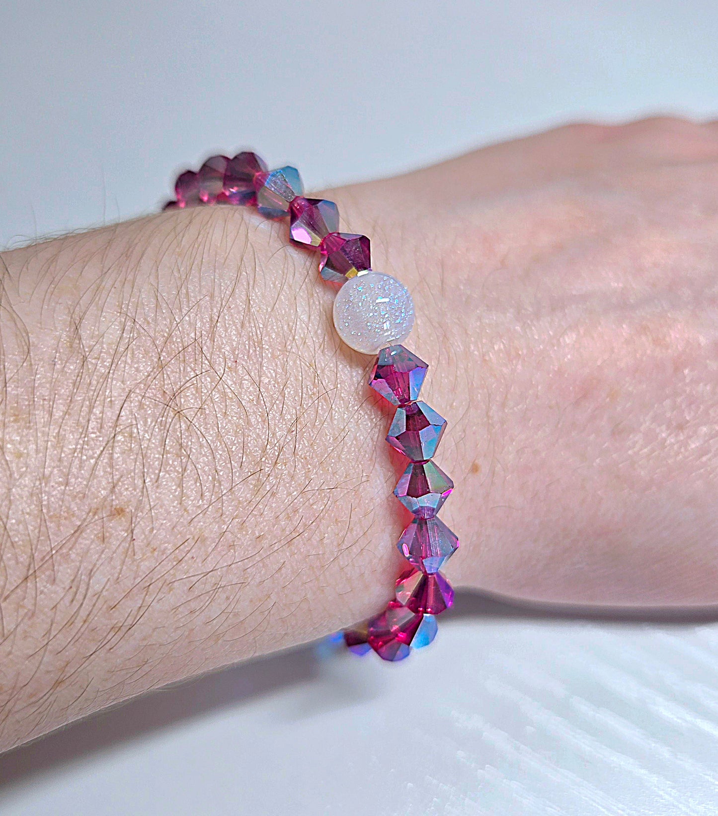 Pink Fuchsia AB Bicone Preciosa Crystals Stretch Bead Bracelet