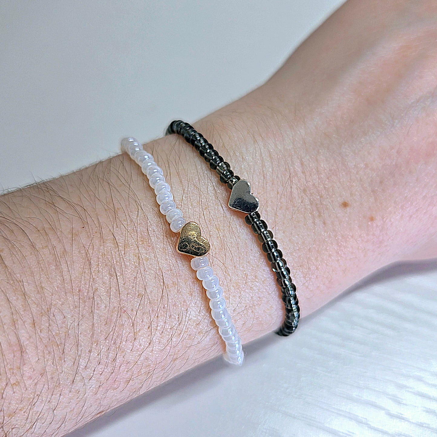 Metal Heart Charm Beaded Stretch Bracelet