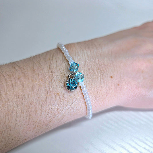 Blue Crystal Charm White Beaded Stretch Bracelet