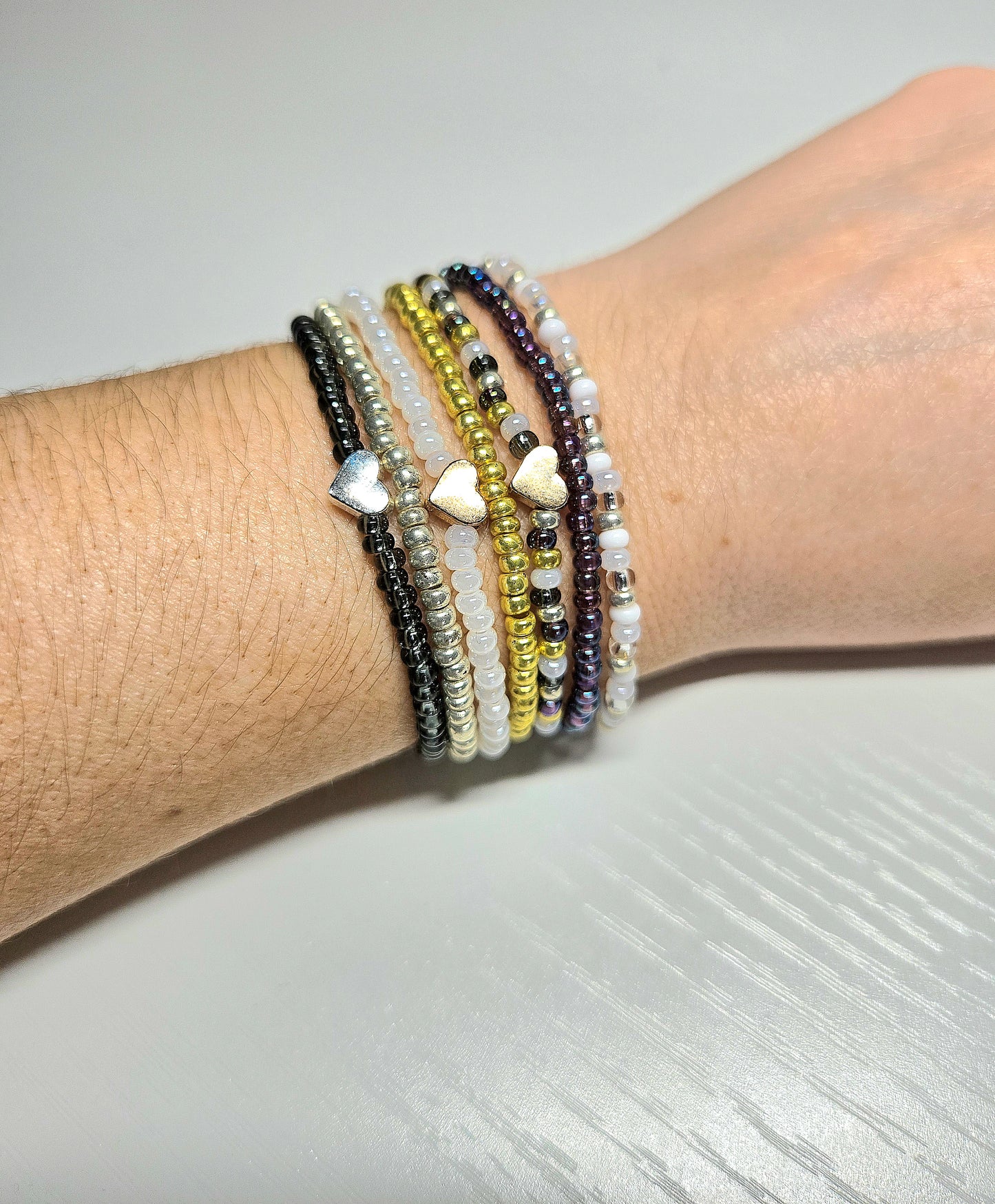 Metal Heart Charm Beaded Stretch Bracelet