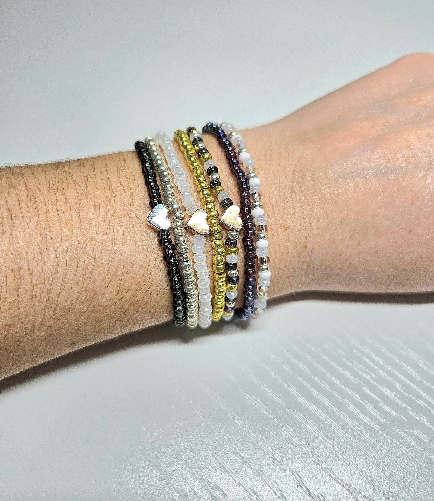 Metal Heart Charm Beaded Stretch Bracelet